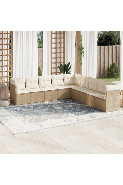 vidaxl طقم كنب حديقة مكون من 9 قطع مع وسائد، لون بيج، مصنوع من البولي راتان