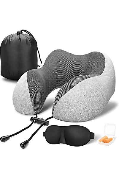 Generic Travel Memory Foam Neck Pillow Set with Eye Mask, Earplugs, Carry Bag, Gray Contoured Support Cushio
