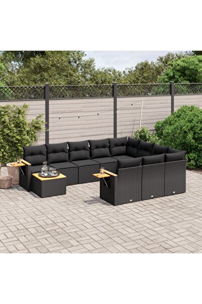 vidaxl طقم أريكة حديقة مكون من 11 قطعة مع وسائد، مصنوع من خشب الروطان الأسود.