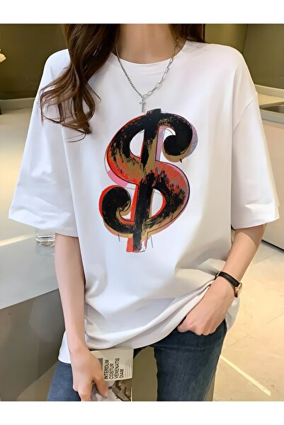 DingDing Fashion تيشيرت أبيض يسمح بمرور الهواء ويحمل علامة الدولار