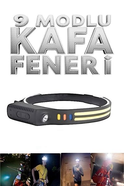 Kenko 9 Modlu Şarjlı Cob Led Hareket Sensörlü Kafa Lambası Baş Feneri Kamp Ba...