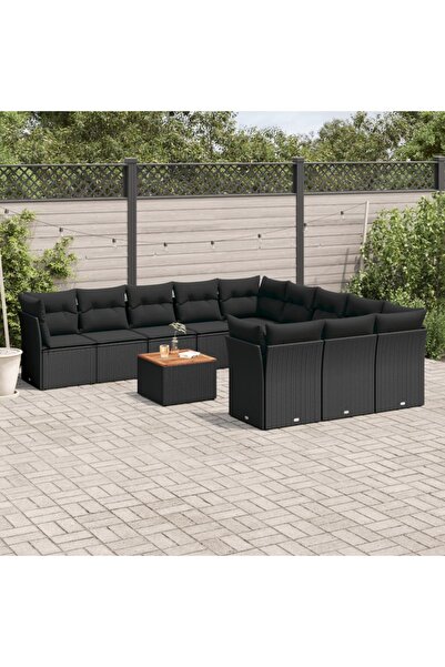 vidaxl طقم أريكة حديقة مكون من 12 قطعة مع وسائد، مصنوع من خشب الروطان الأسود.