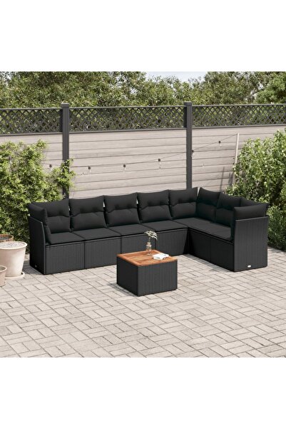 vidaxl طقم كنب حديقة مكون من 8 قطع مع وسائد، مصنوع من خشب الروطان الصناعي الأسود