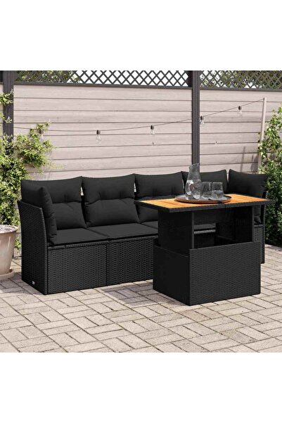 vidaxl طقم أريكة حديقة مكون من 5 قطع مع وسائد، مصنوع من خشب الروطان الصناعي ا...