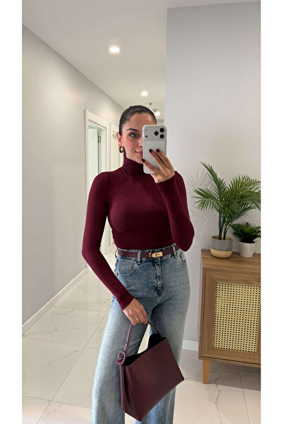 BİRCANÇİL Zr Fino Burgundy Transparent Turtleneck Blouse