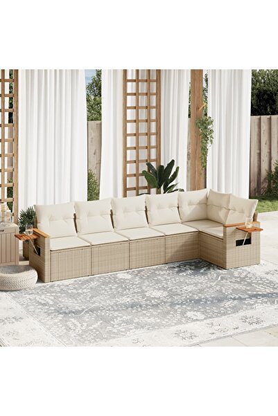 vidaxl طقم كنب حديقة مكون من 6 قطع مع وسائد، لون بيج، مصنوع من البولي راتان