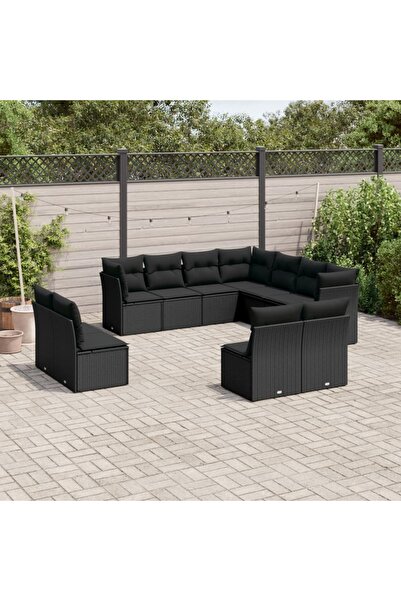 vidaxl طقم أريكة حديقة مكون من 11 قطعة مع وسائد، مصنوع من خشب الروطان الأسود.