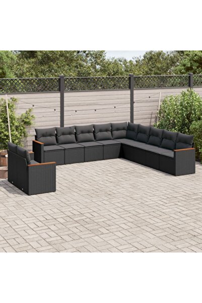 vidaxl طقم أريكة حديقة مكون من 11 قطعة مع وسائد، مصنوع من خشب الروطان الأسود.