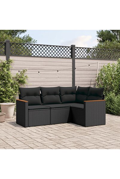 vidaxl طقم أريكة حديقة من 4 قطع مع وسائد من البولي راتان الأسود