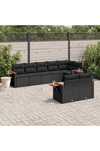 vidaxl طقم كنب حديقة مكون من 8 قطع مع وسائد، مصنوع من خشب الروطان الصناعي الأسود