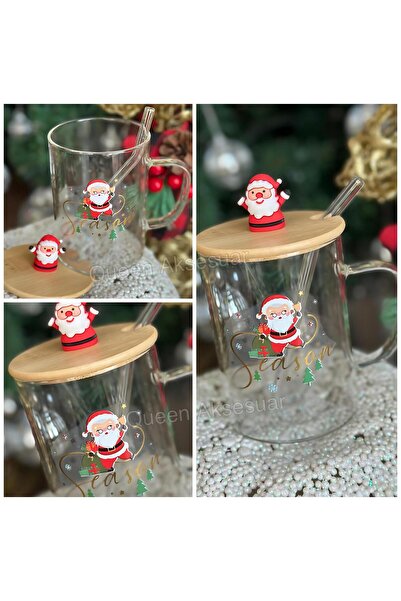 QUEEN AKSESUAR Luxury 3D Santa Claus Fancy Borosilicate Glass with Straw Bamboo Wooden Lid Mug Cup Gold Pattern