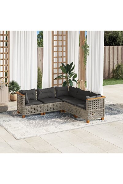 vidaxl طقم أريكة حديقة مكون من 5 قطع مع وسائد، لون رمادي، مصنوع من البولي راتان