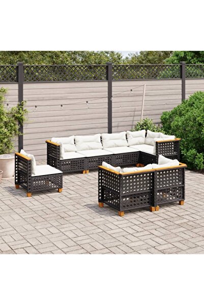 vidaxl طقم كنب حديقة مكون من 8 قطع مع وسائد، مصنوع من خشب الروطان الصناعي الأسود