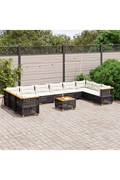 vidaxl طقم أريكة حديقة مكون من 11 قطعة مع وسائد، مصنوع من خشب الروطان الأسود.