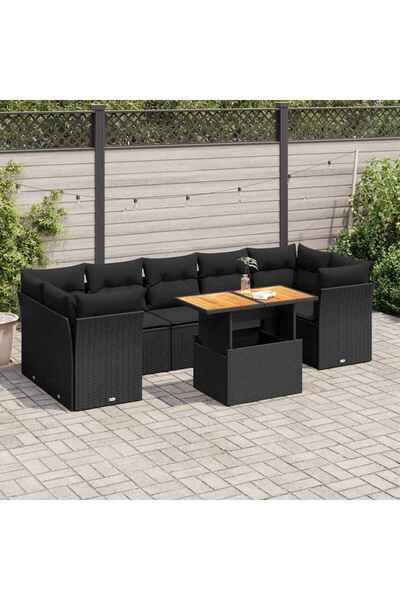 vidaxl طقم كنب حديقة مكون من 8 قطع مع وسائد، مصنوع من خشب الروطان الصناعي الأسود