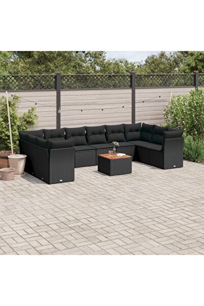 vidaxl طقم أريكة حديقة مكون من 11 قطعة مع وسائد، مصنوع من خشب الروطان الأسود.