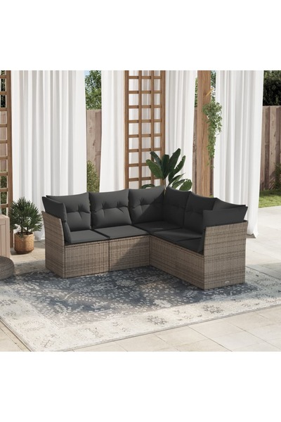 vidaxl طقم أريكة حديقة مكون من 5 قطع مع وسائد، لون رمادي، مصنوع من البولي راتان