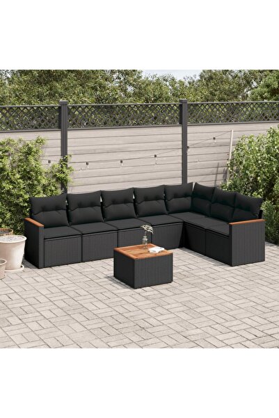 vidaxl طقم كنب حديقة مكون من 8 قطع مع وسائد، مصنوع من خشب الروطان الصناعي الأسود