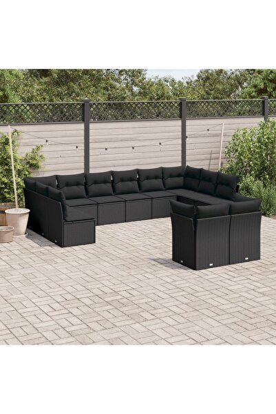 vidaxl طقم أريكة حديقة مكون من 12 قطعة مع وسائد، مصنوع من خشب الروطان الأسود.