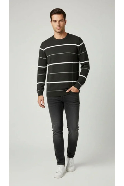 JANES Men's Crew Neck Striped Knitwear Sweater Soft Textured Cotton Fine Weave, Long Sleeve Comfortable R