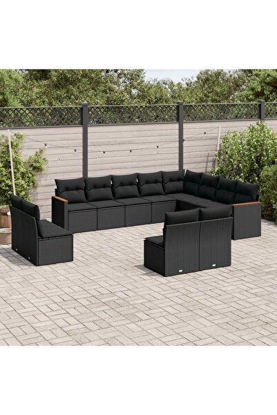 vidaxl طقم أريكة حديقة مكون من 12 قطعة مع وسائد، مصنوع من خشب الروطان الأسود.