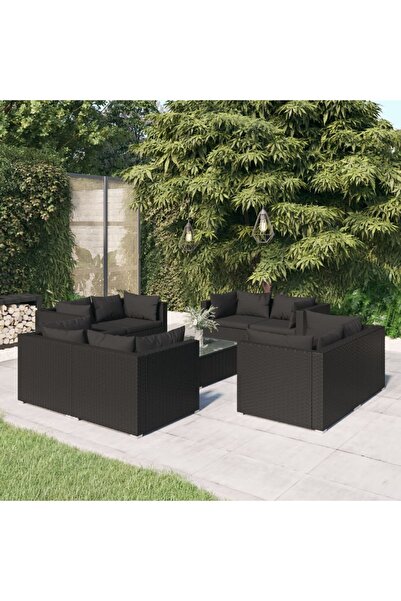 vidaxl طقم أريكة حديقة مكون من 9 قطع مع وسائد من البولي راتان باللون الأسود
