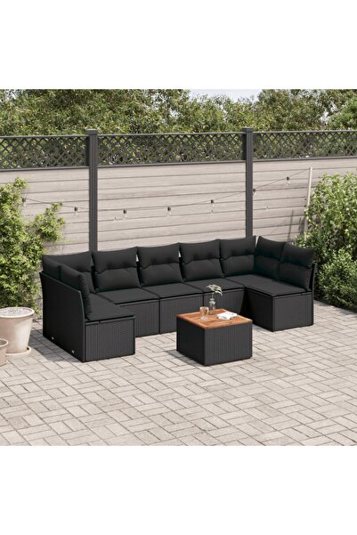 vidaxl طقم كنب حديقة مكون من 8 قطع مع وسائد، مصنوع من خشب الروطان الصناعي الأسود