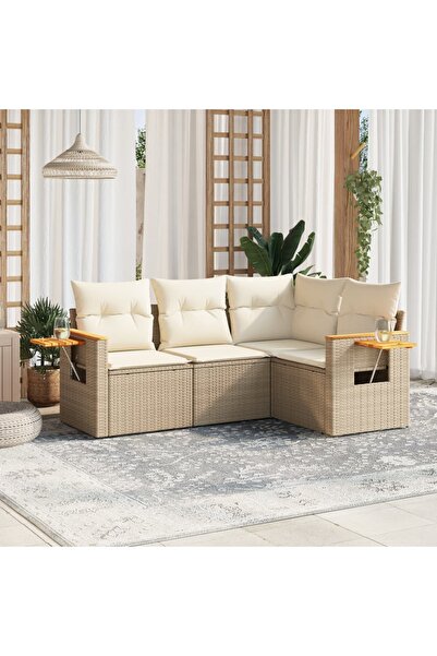 vidaxl طقم كنب حديقة مكون من 4 قطع مع وسائد، لون بيج، مصنوع من البولي راتان