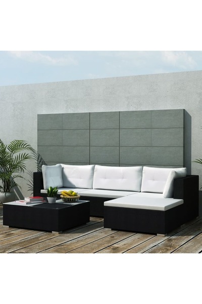 vidaxl طقم أريكة حديقة من 5 قطع مع وسائد من البولي راتان باللون الأسود