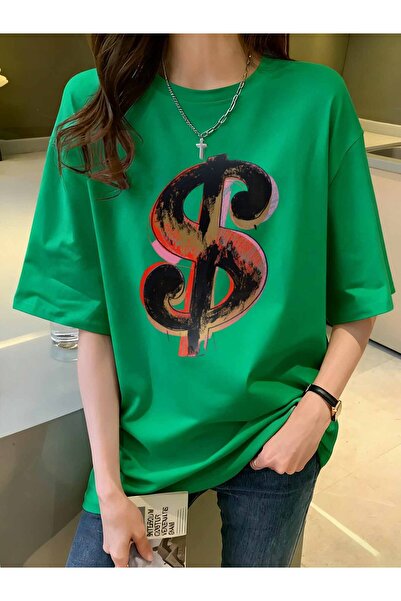 DingDing Fashion تيشيرت للجنسين بلون أخضر قنب عليه علامة الدولار