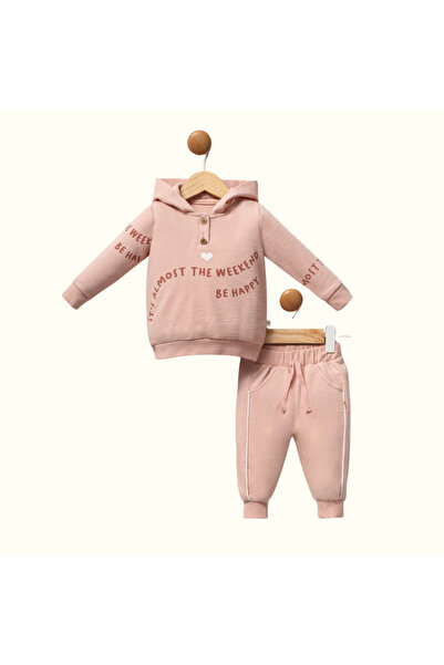 Moi Noi Kız Çocuk %100 Pamuk Baskılı Toz Pembe Kapüşonlu Eşofman Takımı 2'li ...