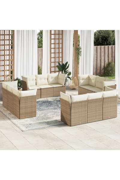 vidaxl طقم كنب حديقة مكون من 12 قطعة مع وسائد، لون بيج، مصنوع من البولي راتان