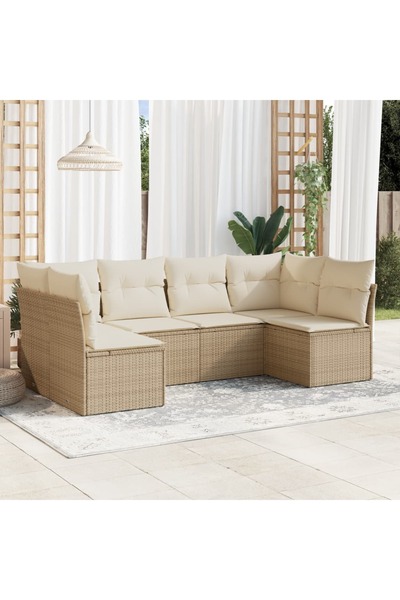 vidaxl طقم كنب حديقة مكون من 6 قطع مع وسائد، لون بيج، مصنوع من البولي راتان