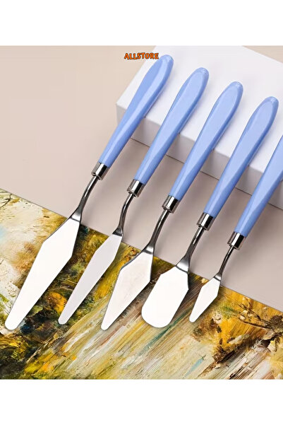 ALLStore 5 Parça Resim Spatula Seti Boya Palet Bıçağı Painting Knife Mavi Sap