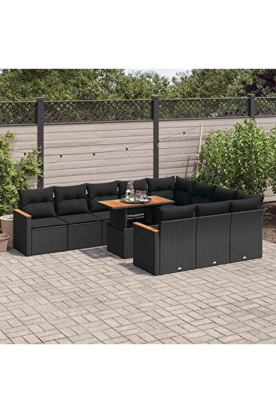 vidaxl طقم أريكة حديقة مكون من 11 قطعة مع وسائد، مصنوع من البولي راتان الأسود...
