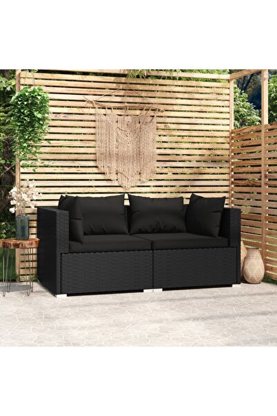 vidaxl 2-Seater Sofa with Cushions Black Poly Rattan