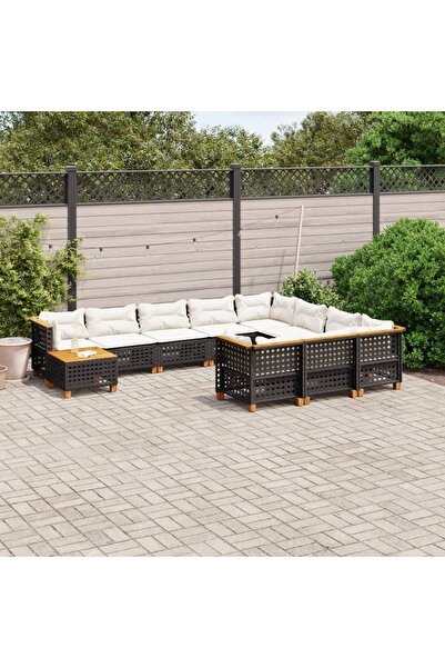 vidaxl طقم أريكة حديقة مكون من 11 قطعة مع وسائد، مصنوع من خشب الروطان الأسود.