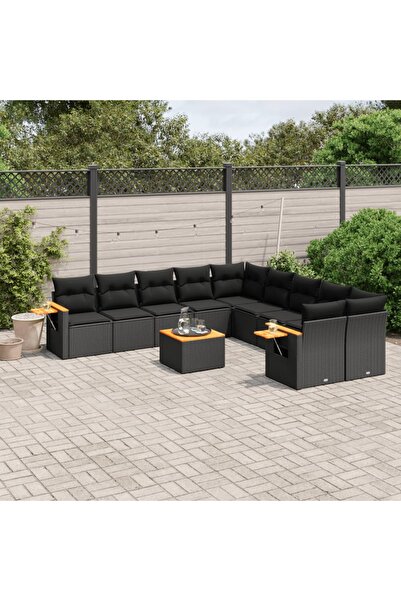 vidaxl طقم أريكة حديقة مكون من 11 قطعة مع وسائد، مصنوع من خشب الروطان الأسود.