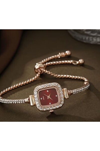 ESRADA Gold-Kırmızı Vintage Kare Taşlı Kol Saati