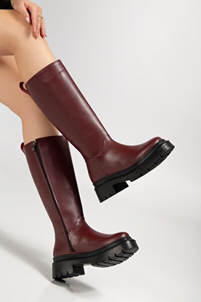 İnfon Ayakkabı Marketi حذاء نسائي يومي بسحاب باللون الأحمر الداكن طراز Çizme2...