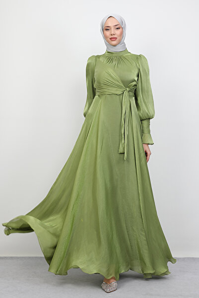 Lamia Giyim Fiyonk Detay İpek Abiye Fıstık Yeşil