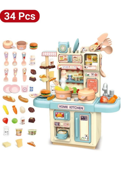 Generic 34-Piece Kitchen Playset with Lights, Kids' Role-Playing Cookware Indoor DIY Kitchen Toy,blue