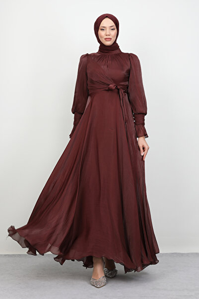 Lamia Giyim Fiyonk Detay İpek Abiye Gül Kahve