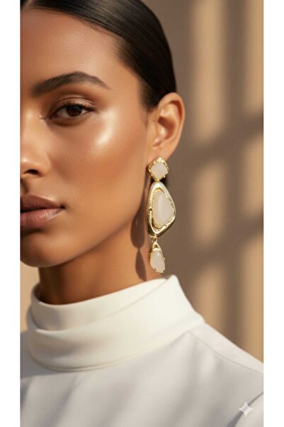 MODAMUGO Krem Taşlı Altın Kaplama Sallantılı Küpe - Geometrik Tasarım Özel Gü...