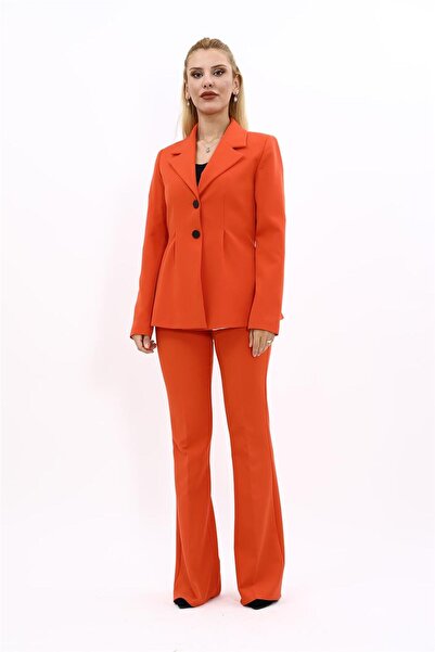 ÖNDER ÖZSOY Pleated Modern Jacket & Flared Pants Women's Suit -Orange