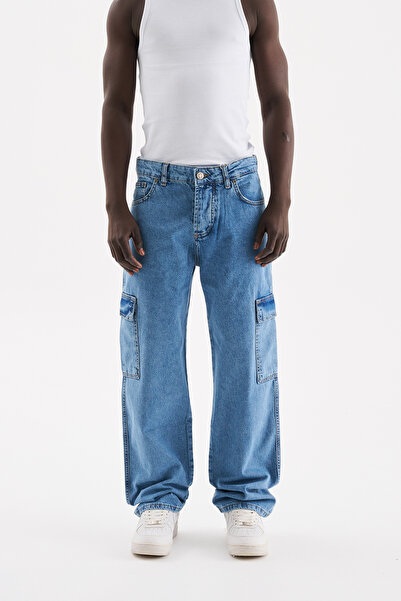 Machinist Men's Washable Cargo Pocket Pack Baggy Fit Jean Trousers Light Blue