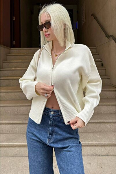 Madmext Ekru Çift Fermuarlı Dik Yaka Kadın Triko Hırka MG2505