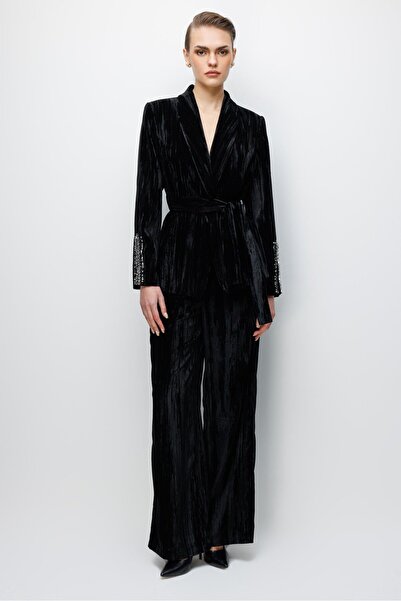 Nefeli İşleme Detaylı Kadife Ceket SİYAH