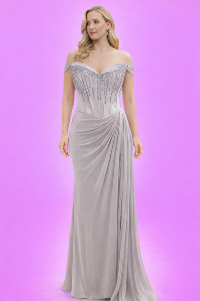 Hüseyin Baştürk Askılı Drapeli Taş İşlemeli Uzun Elbise