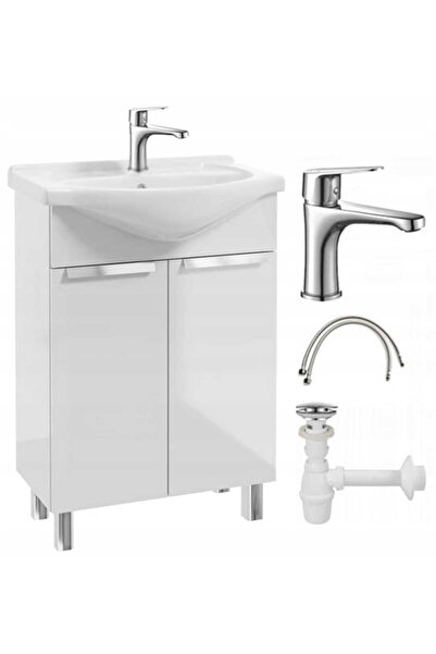 Other Dulap de baie cu lavoar pe picioare 85x60, vertical, Lily alb, cu baterie cromată alungită